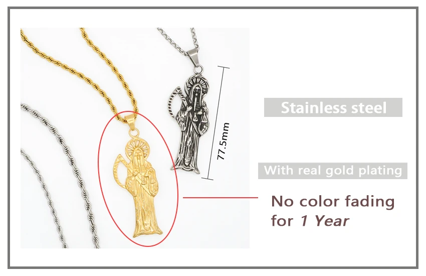 Custom Jewelry Holy death charm pendant necklace Chain Gold Plated Saint Death Unisex Religious pendant Stainless Steel necklace