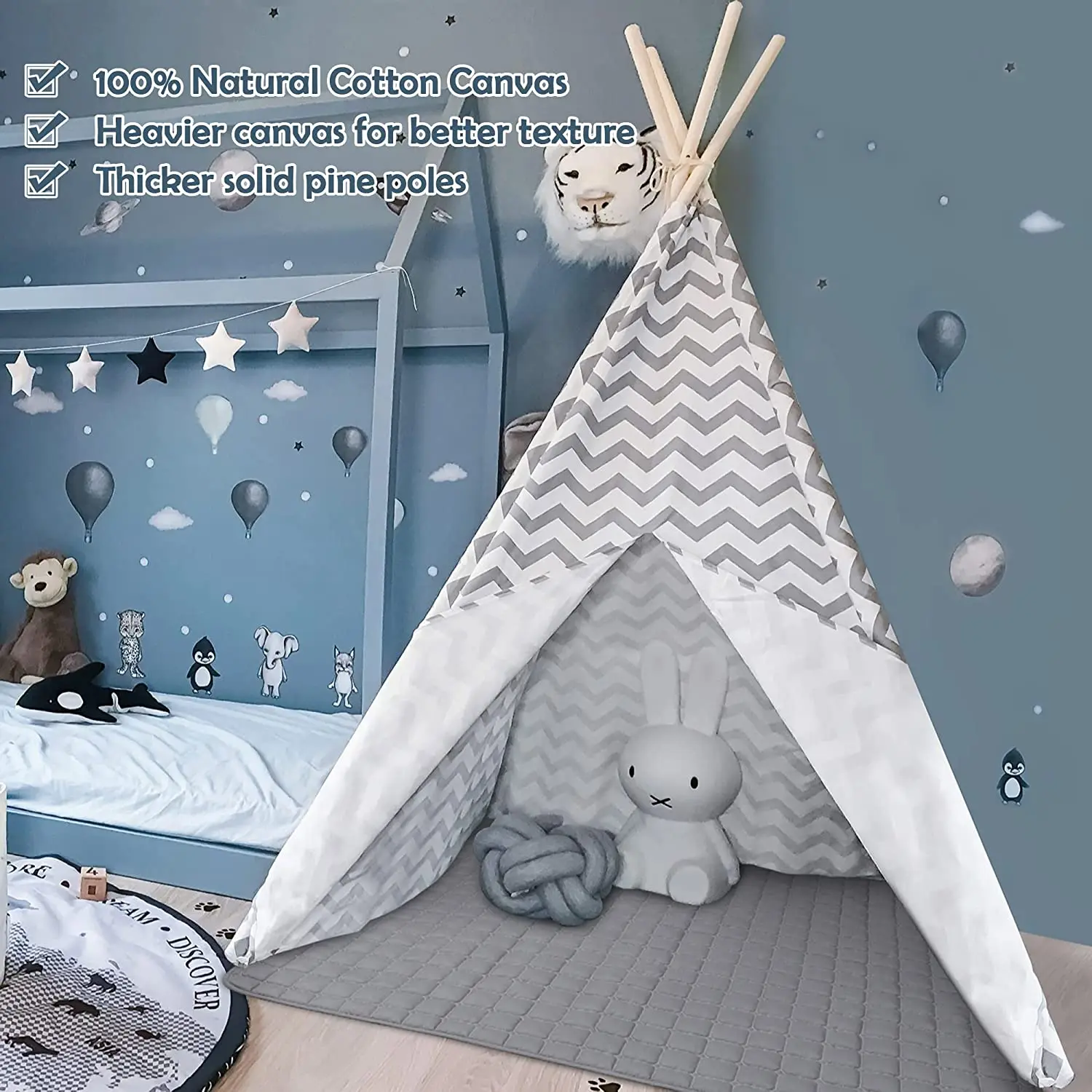 Grey Canvas Tepee Tent with Mat & Light String, Kids Foldable Play Tent for Indoor Outdoor Portable Playhouse