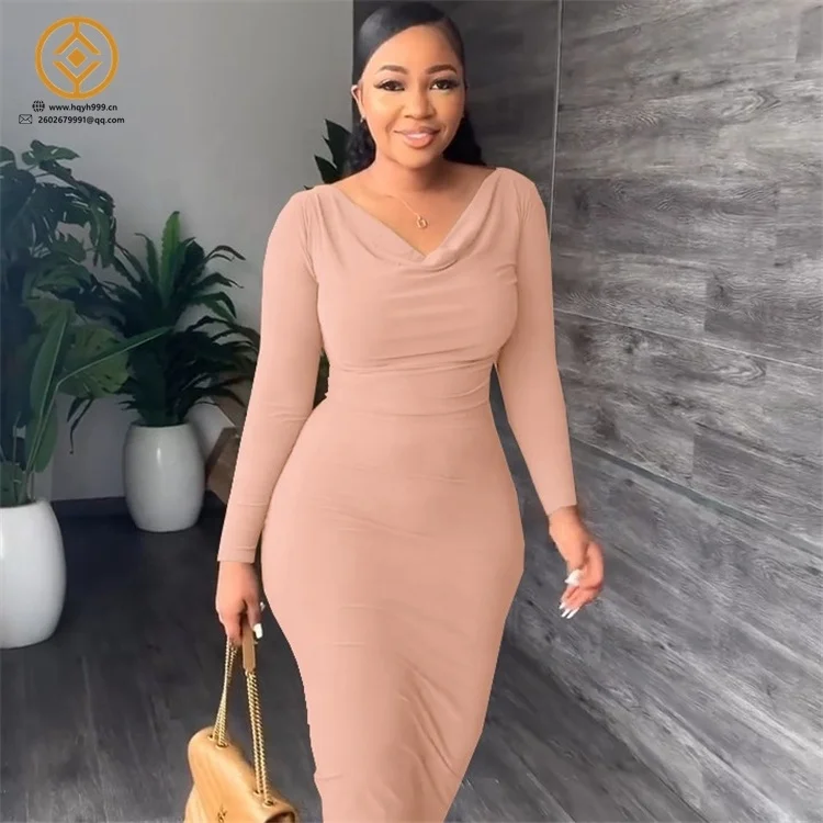 H5029M Fashion casual long sleeve v neck solid color party dress 2022 new female clothes