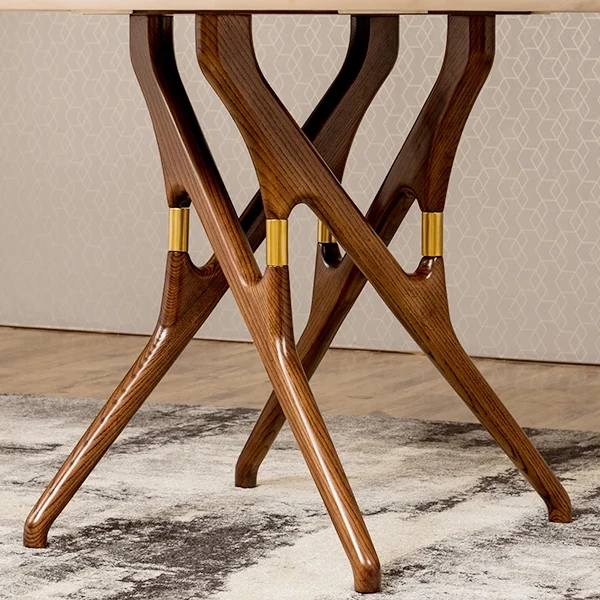 Minimalist Design 0ak Circle Table 4 6 Seater Round Shape Marble Top With Wooden Legs Dining Table Set