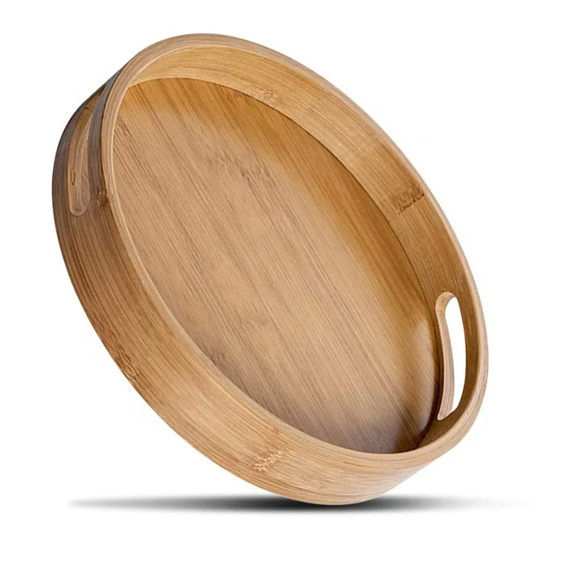 Custom Wooden Bamboo Round Floating Coffee Tea Food serving trays set With Handles