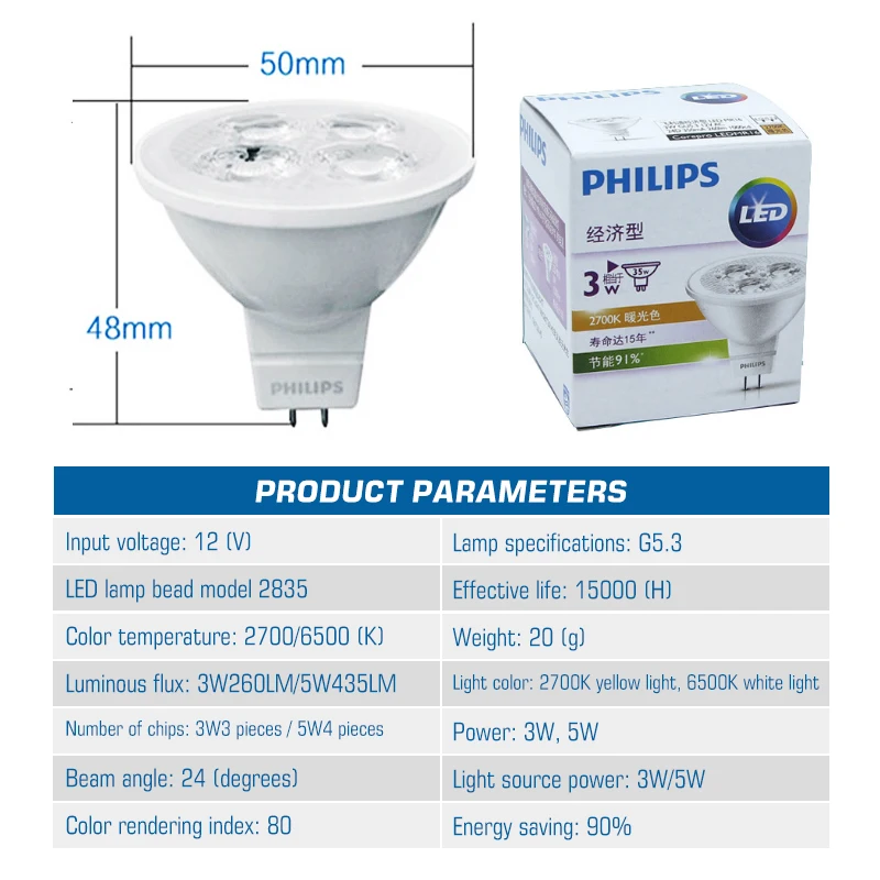  Philips-Высокое качество 12 в 240 лм Ra80 GU5.3 3 Вт 5 MR16 Светодиодный прожектор с светодиодами для шкафа