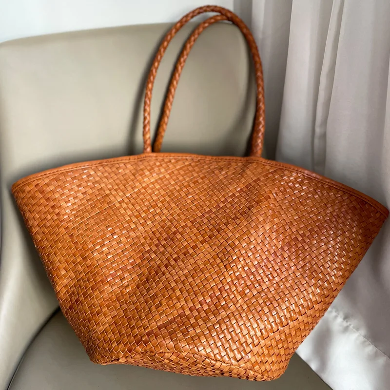 Emg7051 Wholesale Crochet Design Made Beach Summer Luxury Straw Hand Bags Custom Handmade Basket Ladies Leather Woven Tote Bag