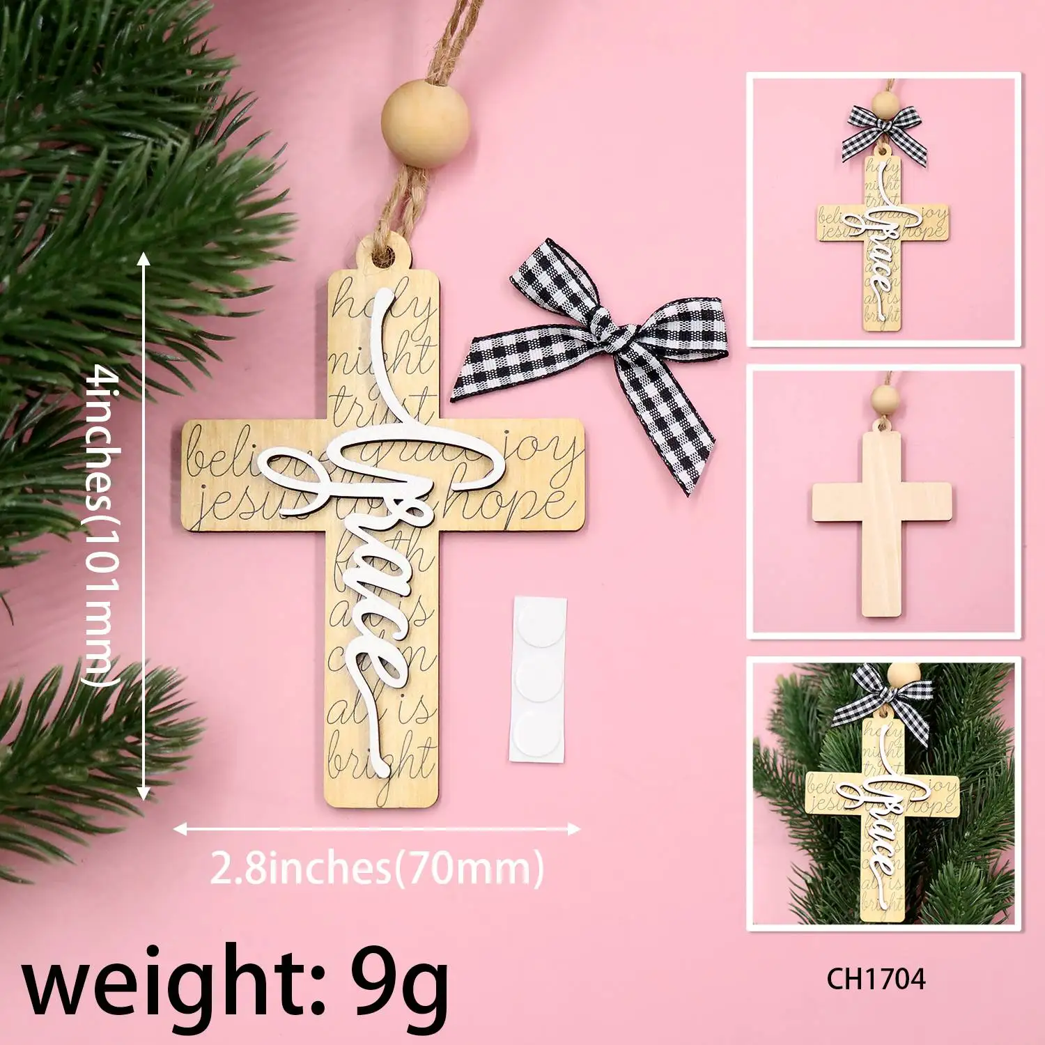 ZSHCH1704 White Lacquered Wood Boards UV Printed Crosses Graphic Design for Christmas  Ornaments