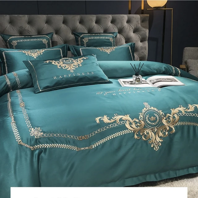 EUROPEAN STYLE LUXURY EDGE GREEN SILK COTTON  EMBROIDERED BEDDING SETS QUILT COVER