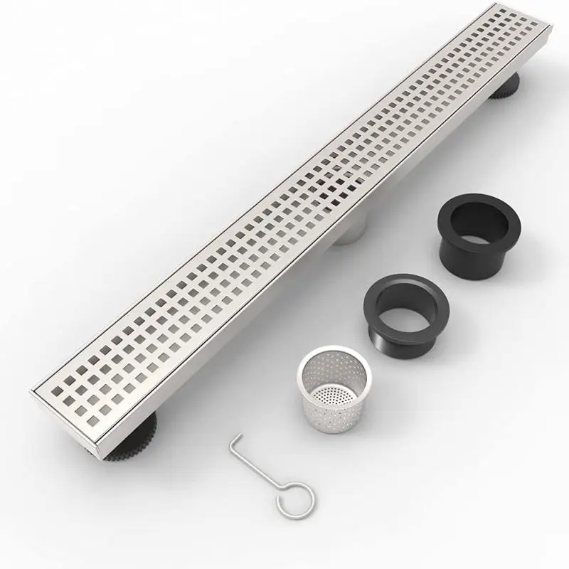 24 Inch Shower Linear Brushed Drain Rectangular Floor Drain with Accessories Square Hole Pattern Cover Grate Removable SUS304