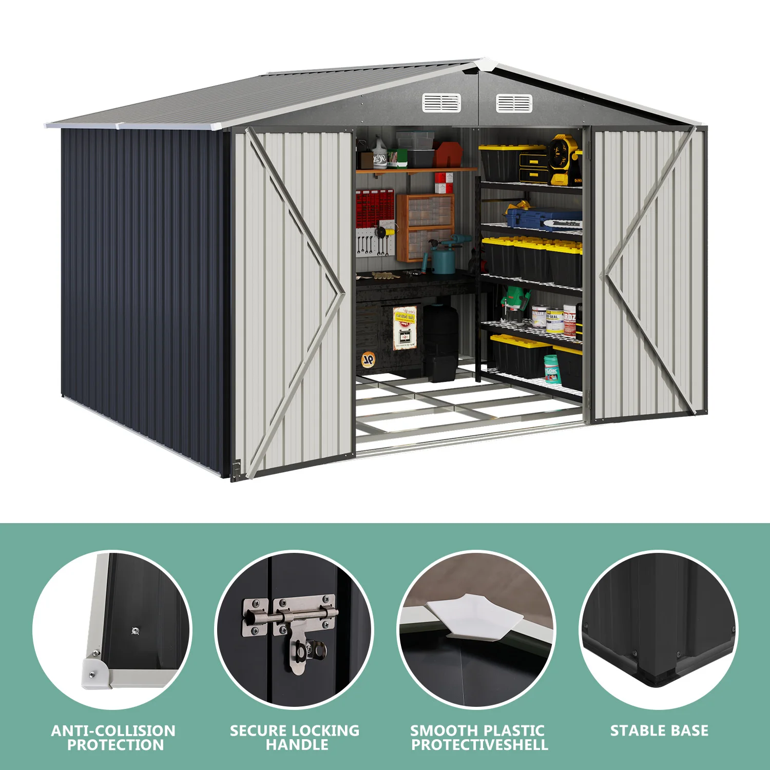 Outdoor Shed House with Double-Sliding-Door Metal Storage Garden Shed