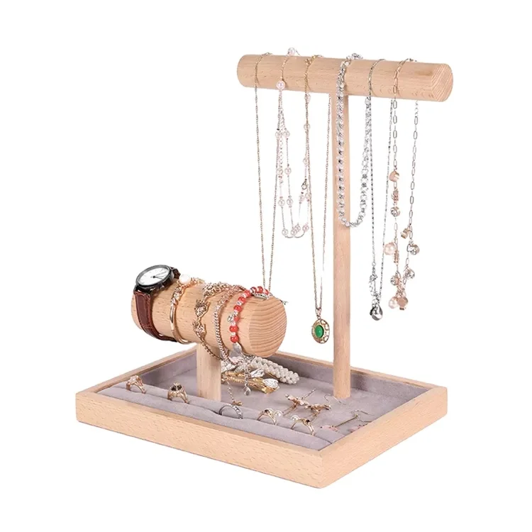 White PU Leather Solid Wood integrated tray Jewelry Bracelet T- shape bar Necklace Ring Display Set jewel display showcase