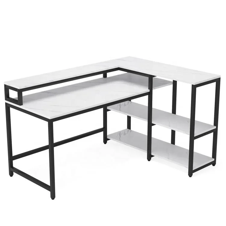 Tribesigns Computer Gaming Desk Reversible L Shaped Modern Wooden Office Desk White Faux Marble Home Office Furniture