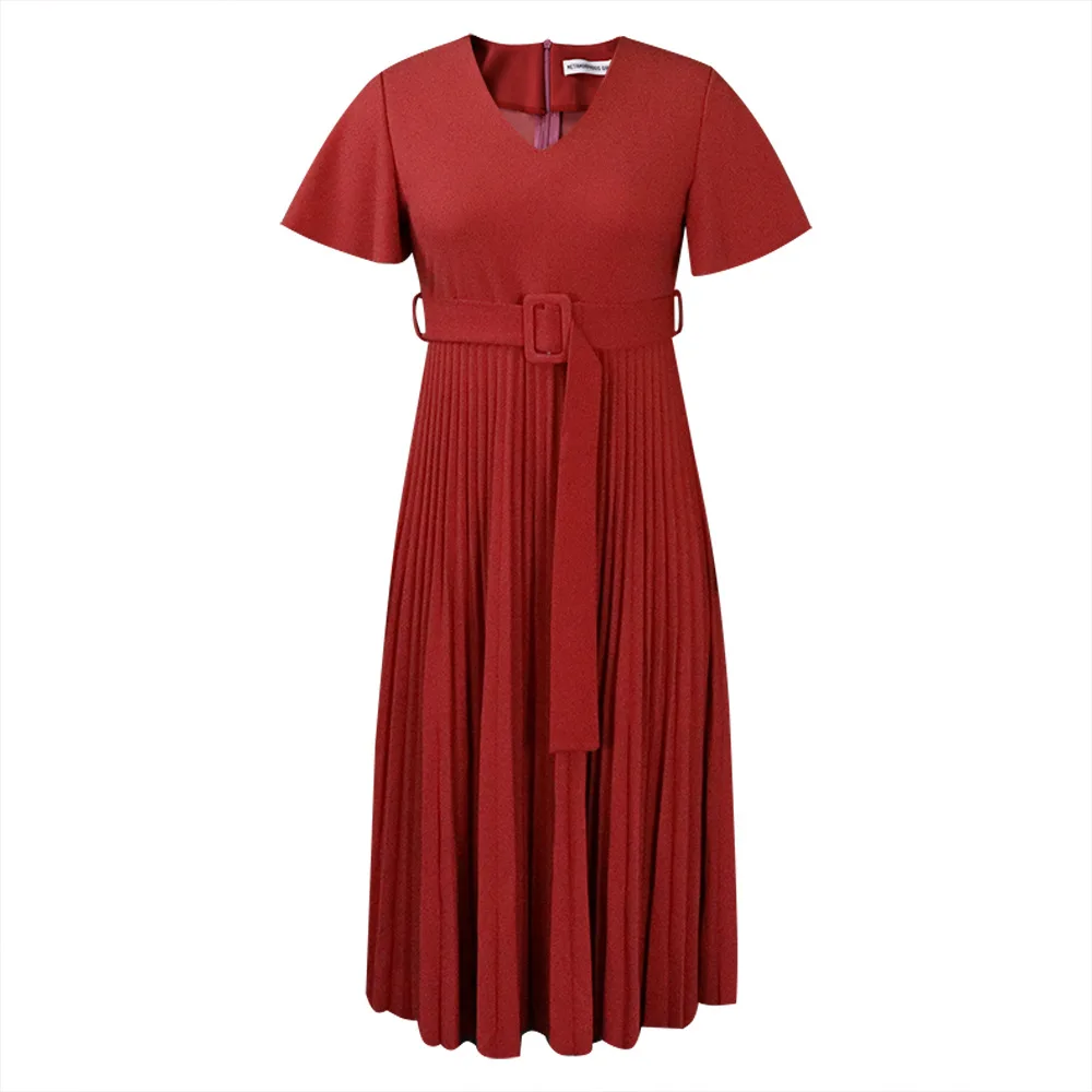 Wholesale Summer Plus Size V-Neck Lotus Sleeve Women Dress Fashion Casual Solid Color Belt Women Dresses