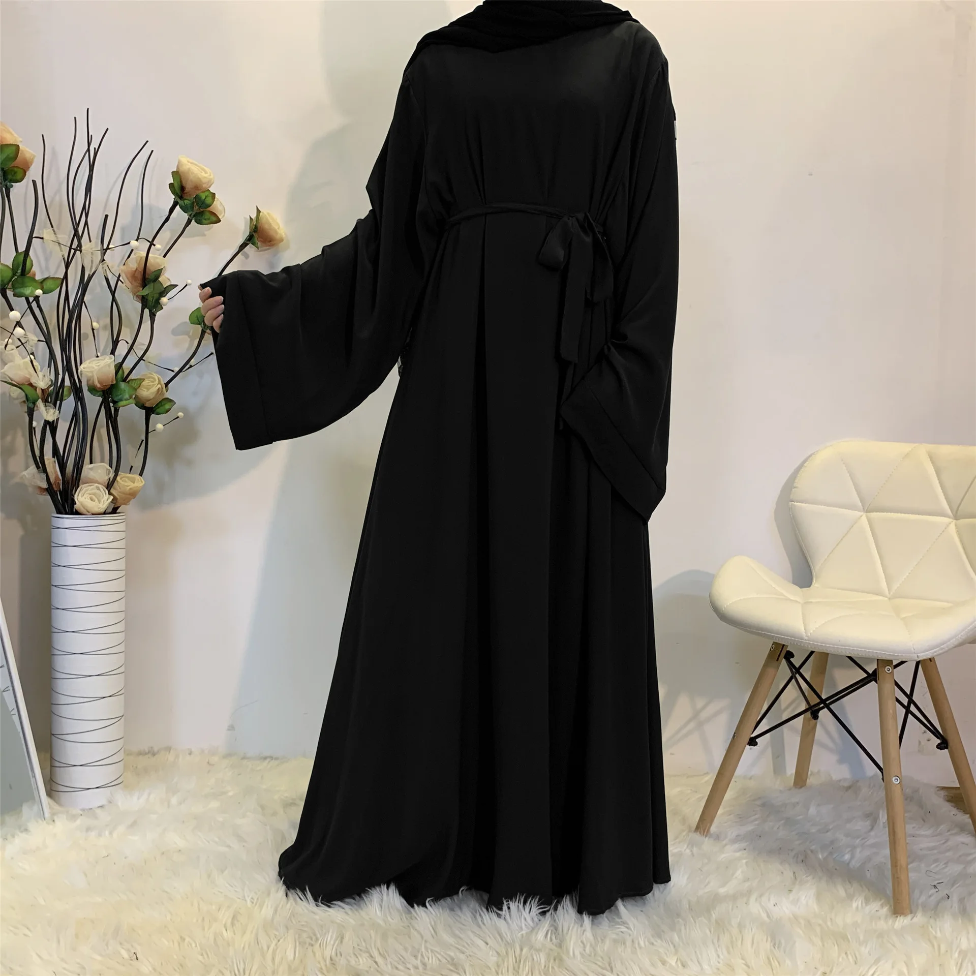 Factory ready-made wholesale solid color large lace-up women muslim dress support customization