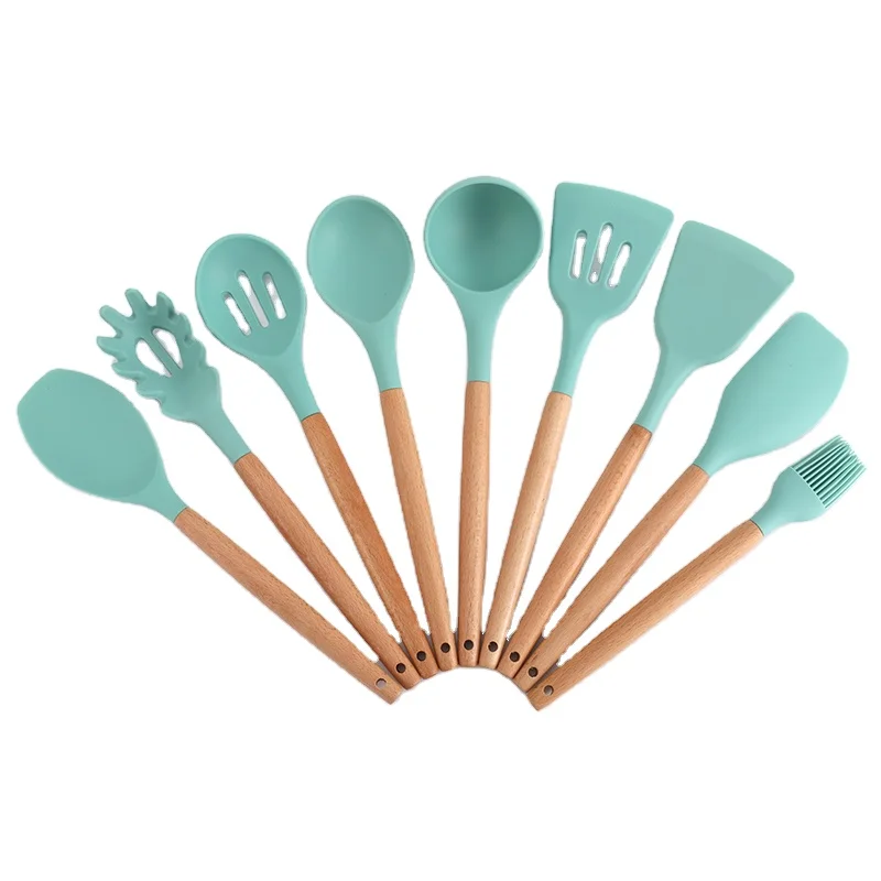 Изготовленный на заказ Китайский термостойкий силиконовый набор из 9 предметов с деревянной ручкой кухонная утварь посуды