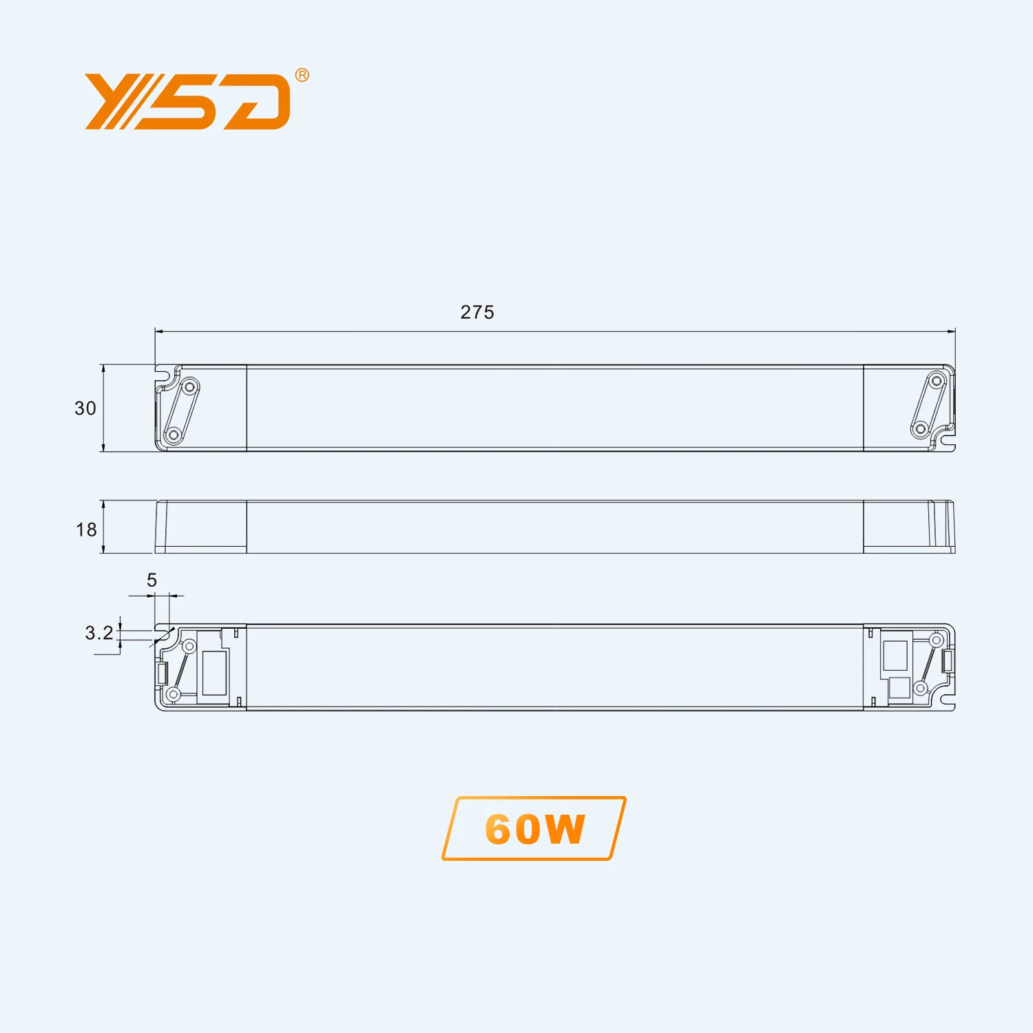 YSD plastic shell input 100-277v ac to dc output 12/24/48v 60W 100w  linear IP20 indoor Led power supply