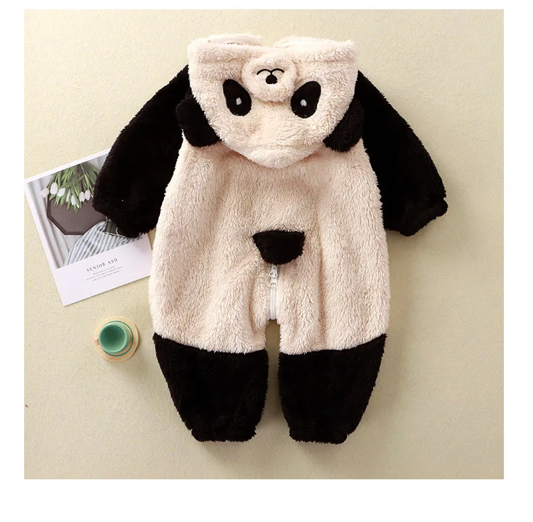 Baby Cartoon Rabbit Panda Plush Jumpsuit Infant Warm Flannel Clothes Toddler One-piece Hooded Romper