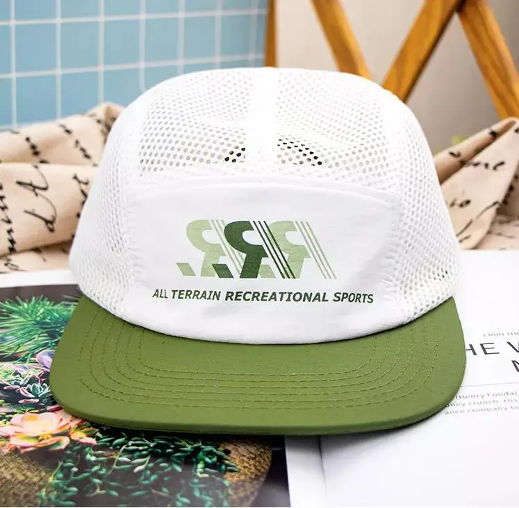 Hengxing high quality light weight running hat sports nylon comfortable breathable mesh camp 5 panel cap with custom logo