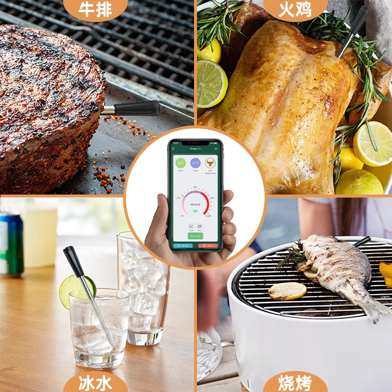 Rechargeable Smart Wireless Ble Bt Bbq Cooking Grill Meat Probe Kitchen Cook Thermometer With Phone Control