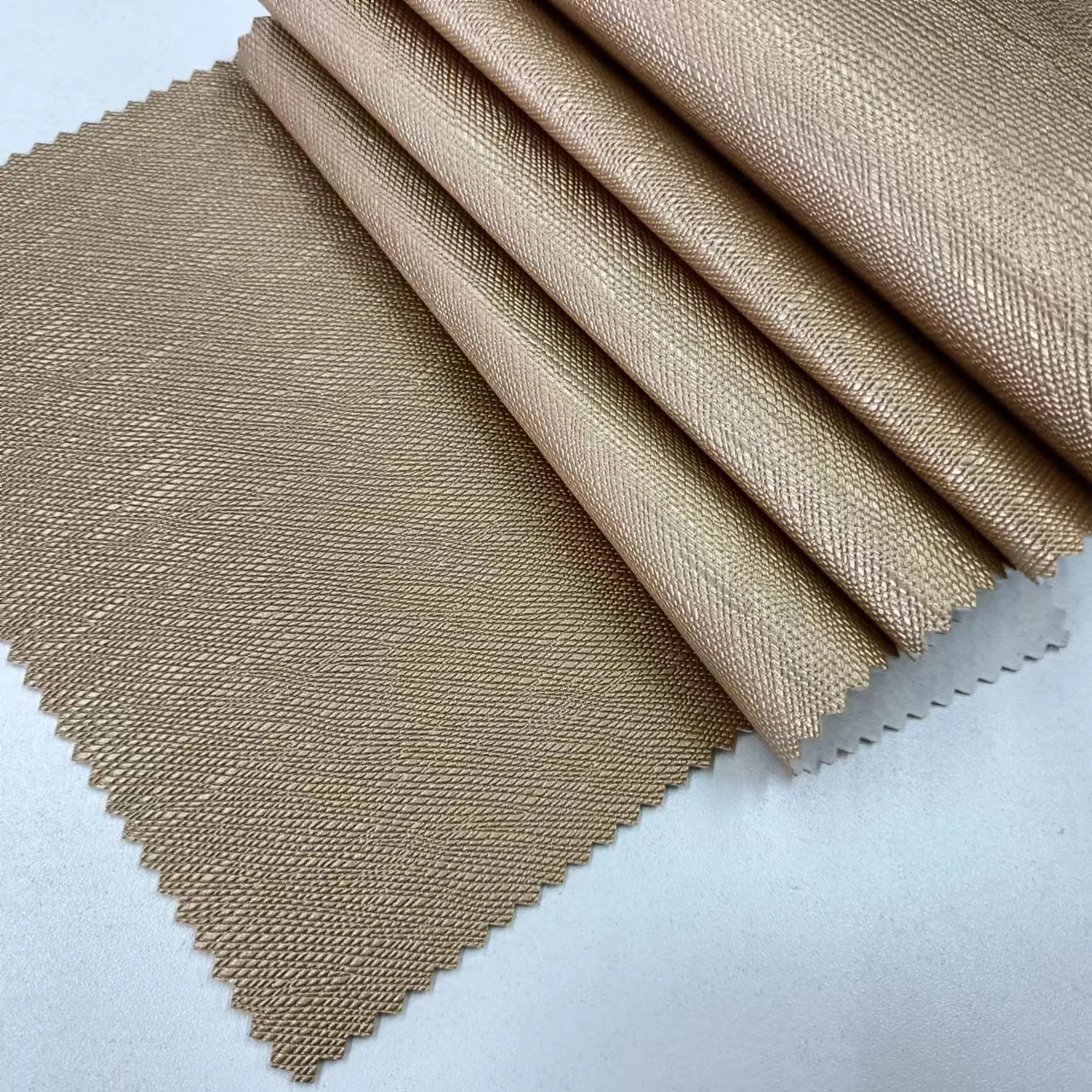 Golden 1.2mm brushed backing embossing woven faux vinyl decorative pvc leather fabric for handbags