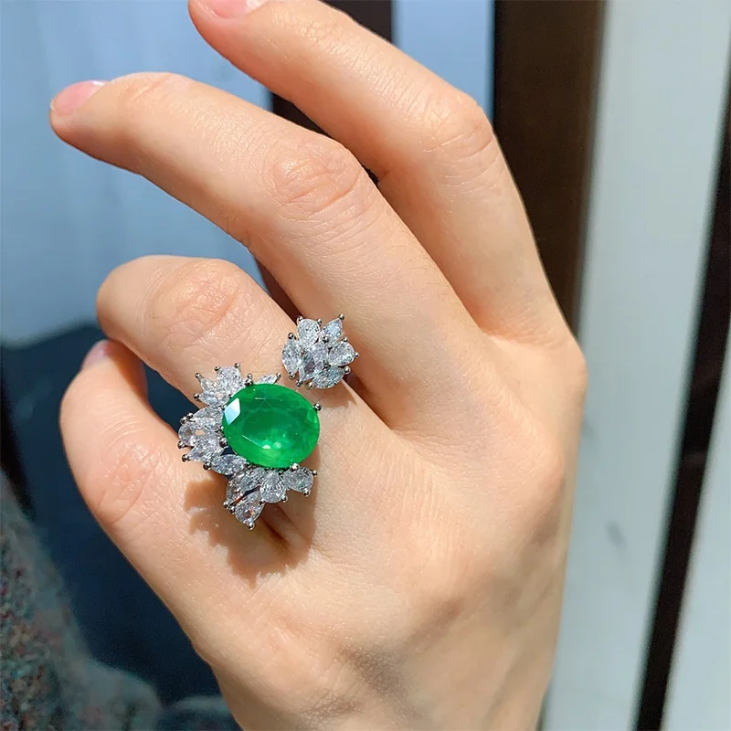 
Luxury Wedding Party Jewels Bling Cubic Zirconia Wedding Band Blue Paraiba Tourmaline Rings Synthetic Emerald Open Ring 