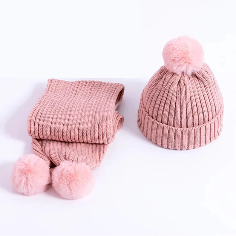 Wholesale outdoor fashionable fur pompom hat soft wool beanies for kids knitted winter scarf and hat set
