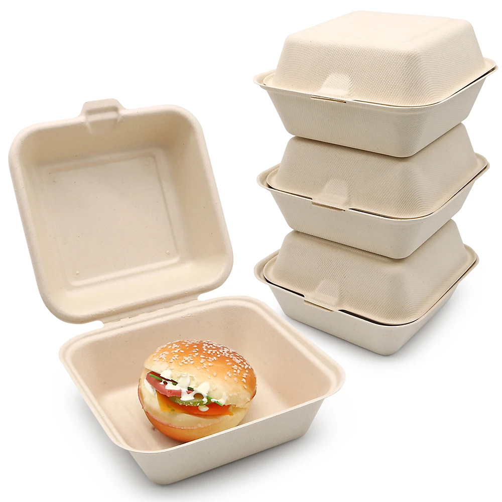 100% Compostable Biodegradable Food Box Hamburger Clamshell 450ml 6 Inch Sugarcane Burger Box