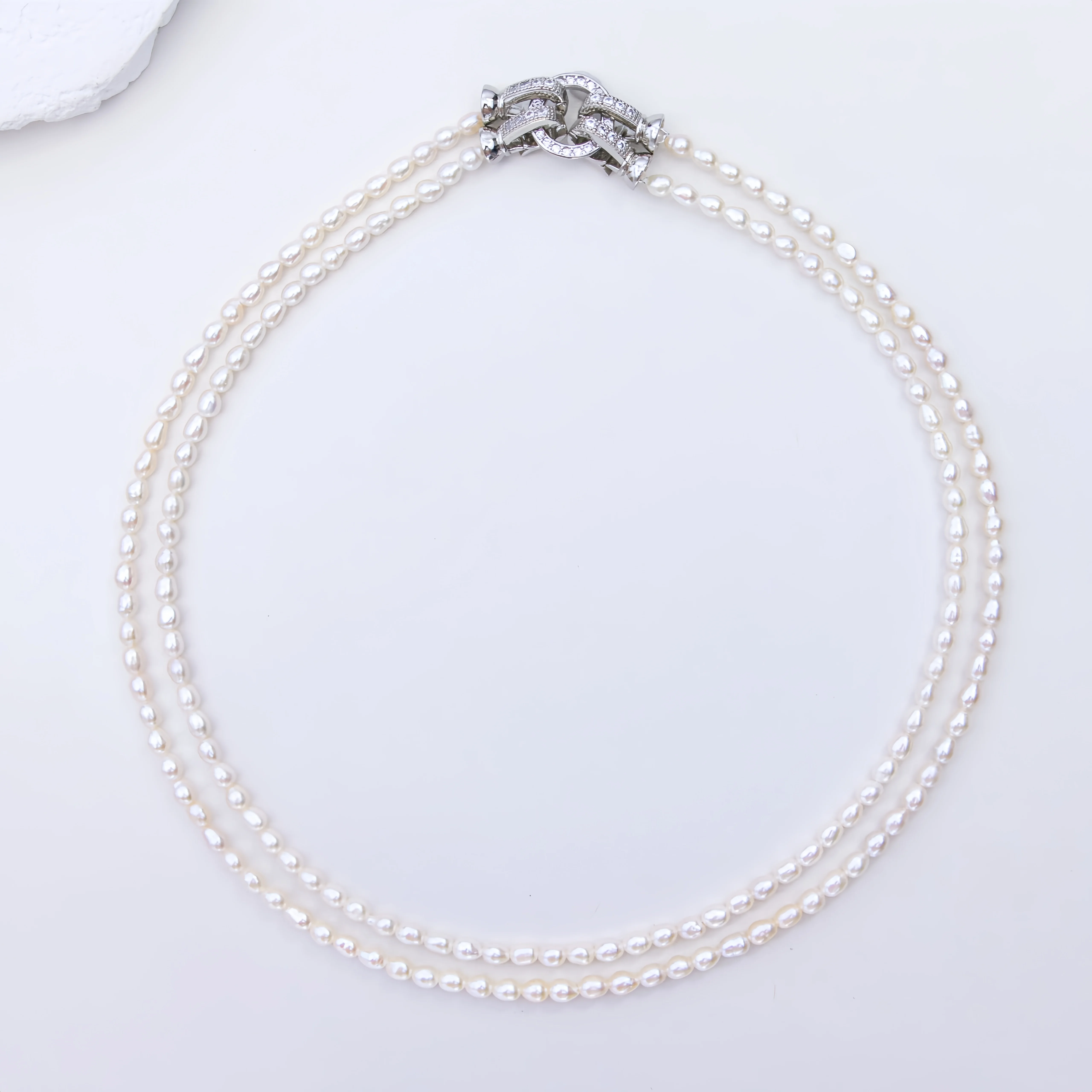 Alloy accessories, freshwater nucleated small rice beads, double row necklace, 3-4mm meter shaped micro flaw