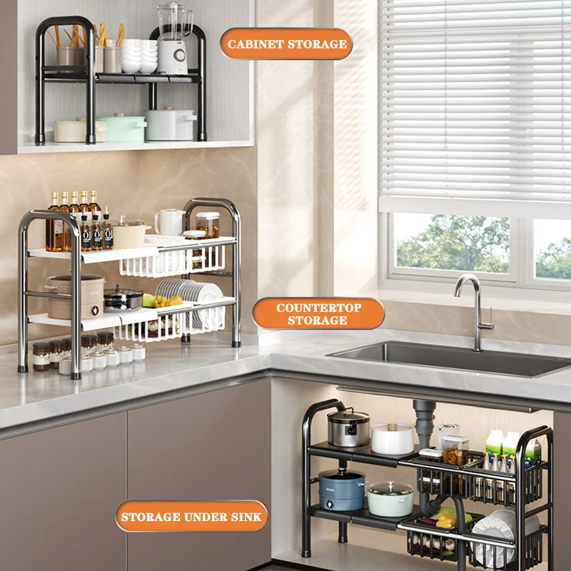 Kitchen Under Sink Organizers Rack 2 Tier Scalable Holder cookware pot storage rack multifunction basket racks