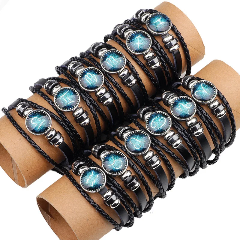 Handmade Braided PU Leather Rope Bangle Horoscope Zodiac Bracelet