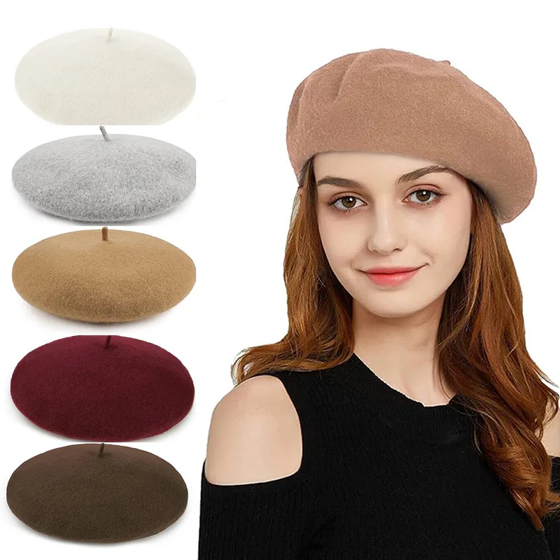 2024 Female Solid Color Winter Beret Caps classic retro British plain solid color wool tweed berets for women