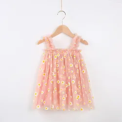 Wholesale Daisy Floral embroidery Kids Girl Casual strap Sleeveless Tulle Dresses Summer Tutu Toddler baby girl dresses
