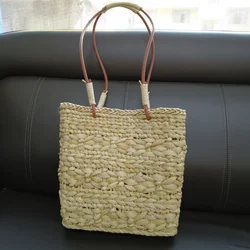 New Corn Husk Hand Woven Straw Bag Summer Beach Straw Bags Long Handle Bucket Handbag