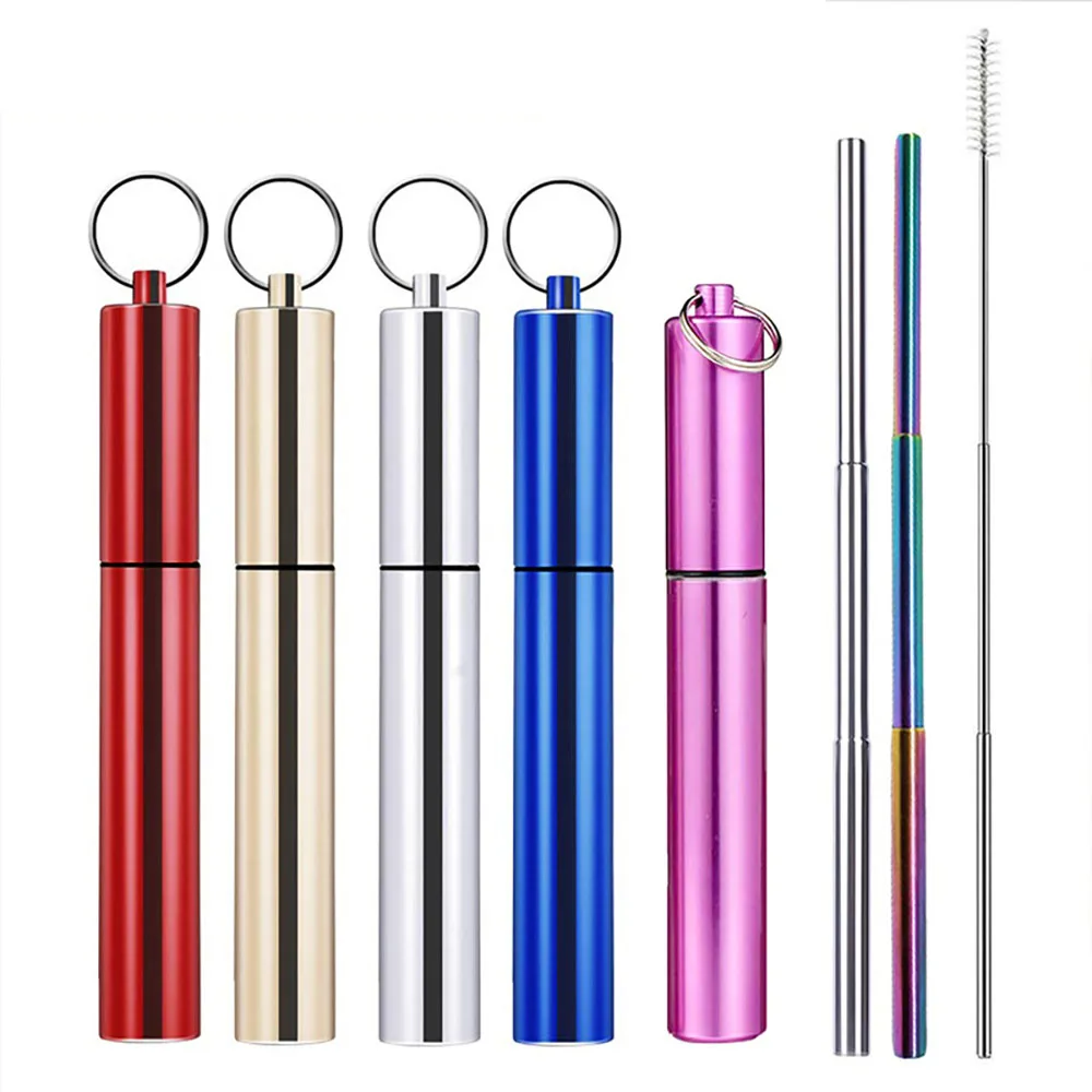 Foldable Reusable Collapsible Metal Straw Telescopic Stainless Steel Straw With Portable Case And Straw Brush