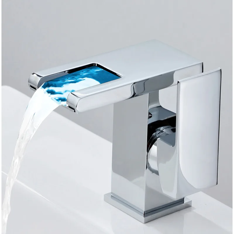Waterfall Basin Mixer Single Lever Bathroom Brass LED Waterfall Wash Basin Faucet
