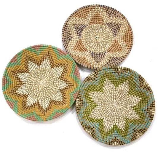 Set of 3 Rattan Wall Hanging Baskets Decor Seagrass Woven Wall Basket Plates Handmade Decorative Bowl with Hook Wicker Wall Tray