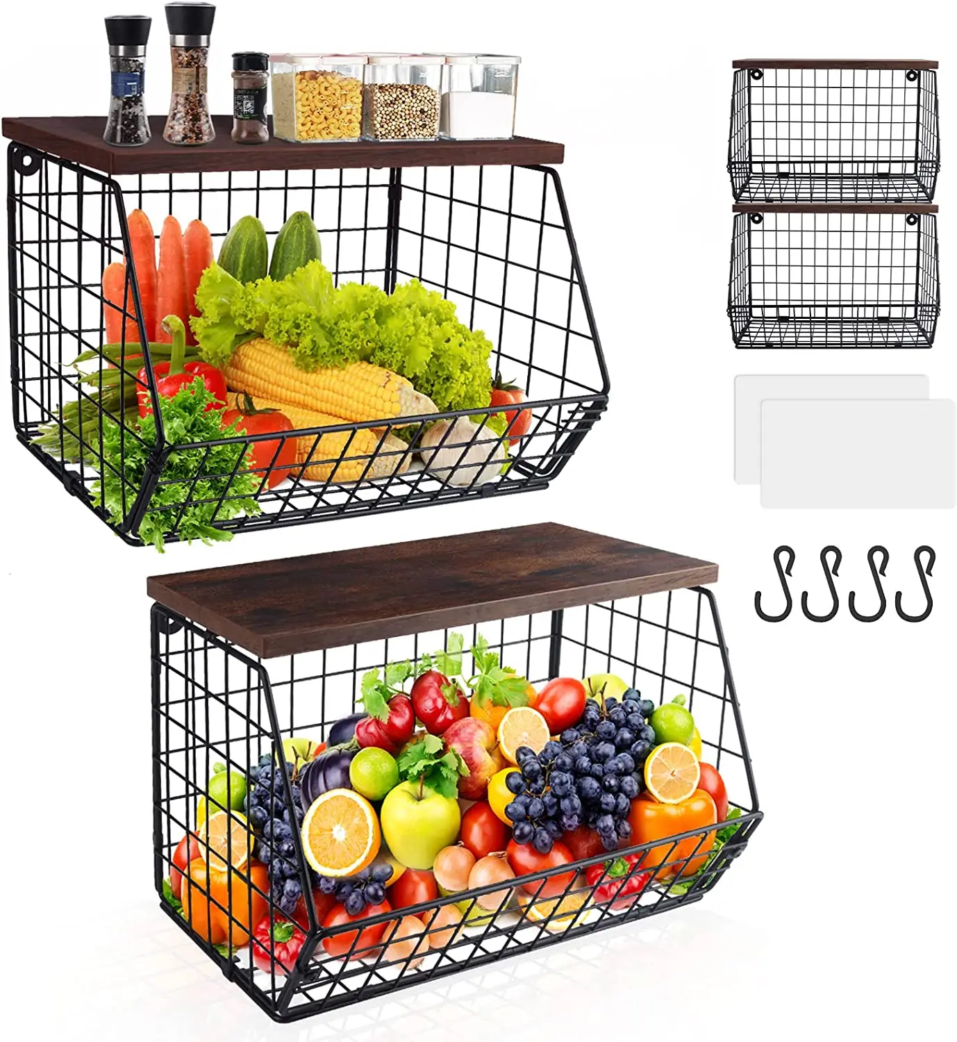 Fruit Basket Onion Storage Wire Baskets with Wood Lid Stackable Wall-mounted Countertop Tiered Kitchen Counter Organizer