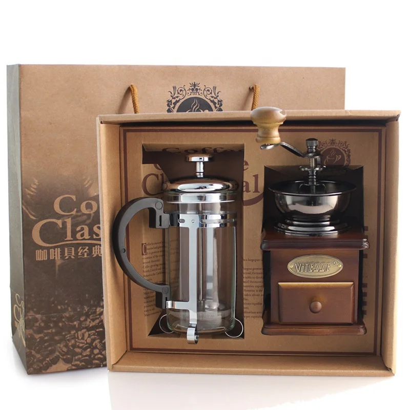 Hot sell Amazon Coffee Accessories Gift Box Wood Manual Coffee Grinder with 350ml Glass French Press coffee maker set