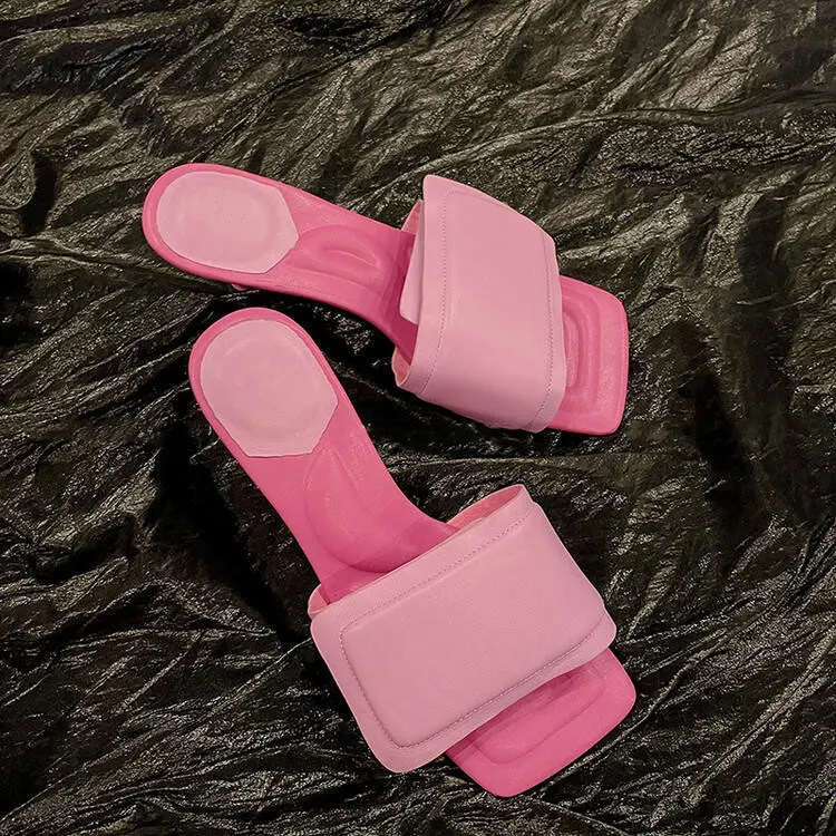 XINZI RAIN Summer Comfortable Ladies Sandals Square Toe Real Leather Soft Foam Padding Sole 6cm Mid Heel Women Slides Sandals