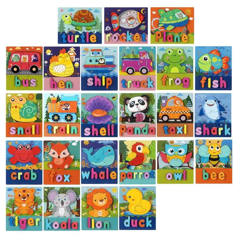 Animal Shape Jigsaw Puzzles Montessori Educational Toys with Alphabet Spelling Wooden Educational Jigsaw Puzzle