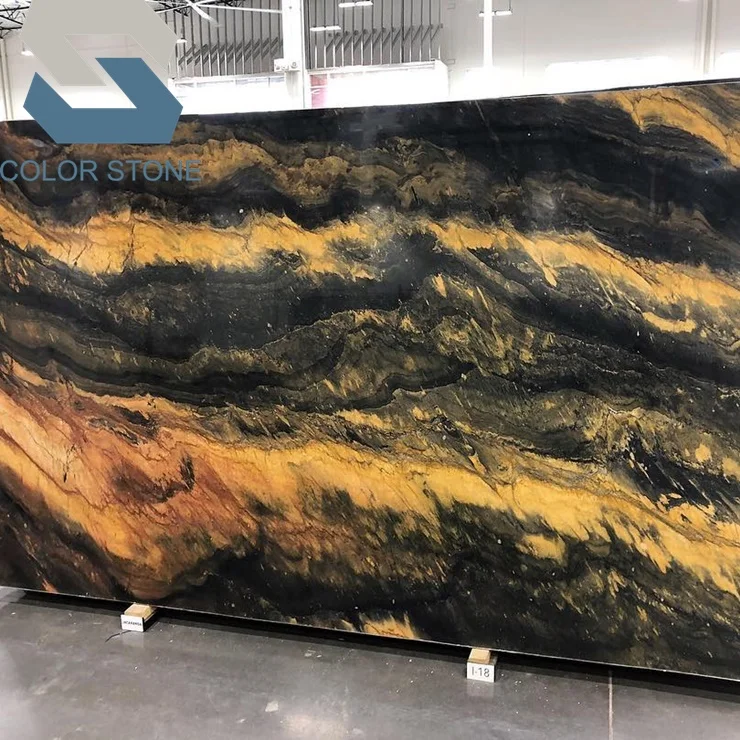 Bookmatched Stone Wall Bold Gold Yellow Waves Black Jacaranda Quartzite Slabs Kitchen Waterfall Island Tops