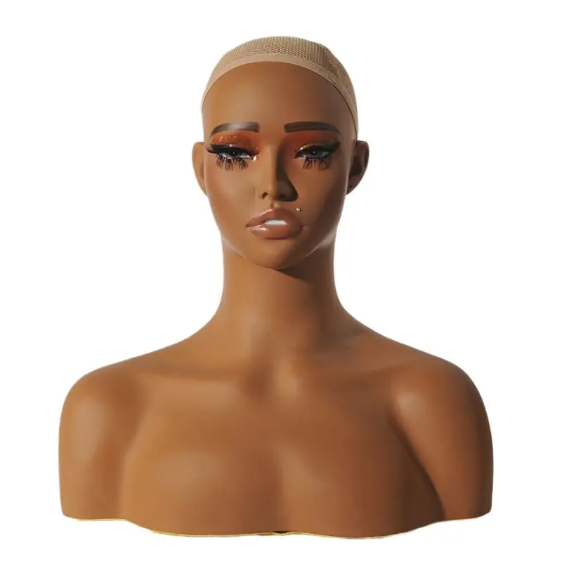 DE-3881A American Woman PVC Mannequin Head with Shoulder Bust Display for Wig Scarf and Hair Makeup Female Head Stand