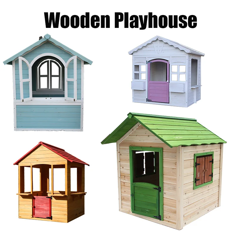 WoodVille 2024 Best Supplier Outdoor Kids Wood Playhouse with Chalk Board & Mail Box for Kids Wooden House