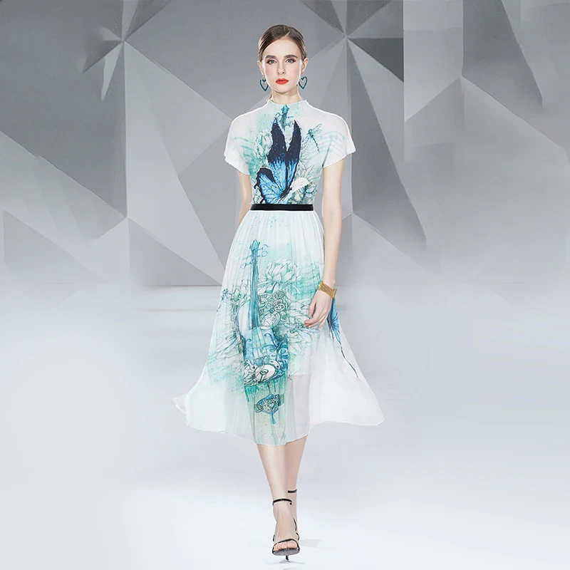 Manufacturer Wholesale High Quality Printed Pleated Skirt Women Summer Printing Elastic Waist Long Pleated Skirts Elegant