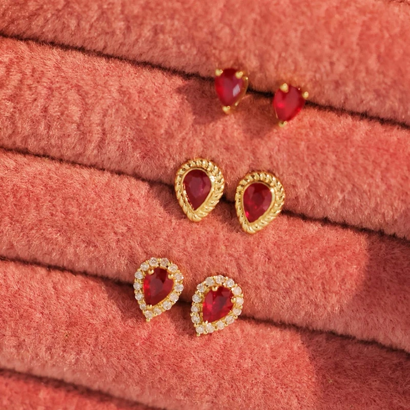 18k Gold Drop Ruby colored jewel earrings for women inlaid with diamonds wrapped in natural pigeon blood earrings