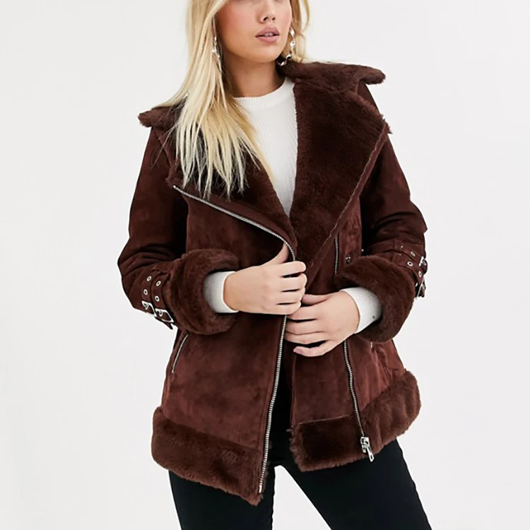 Women Overcoat Casual Outerwear Suede Aviator Coat With Faux fur Lining In Brown