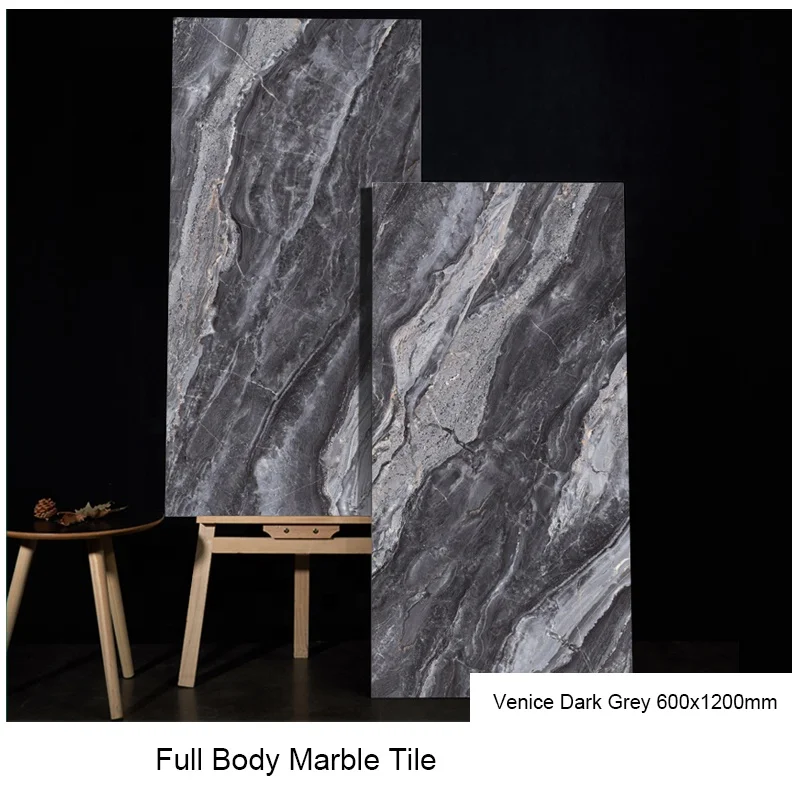 600x1200mm Dark Grey Color Marble Texture Full Body Full Polished Porcelain Tile Indoor Flooring And Wall Tiles