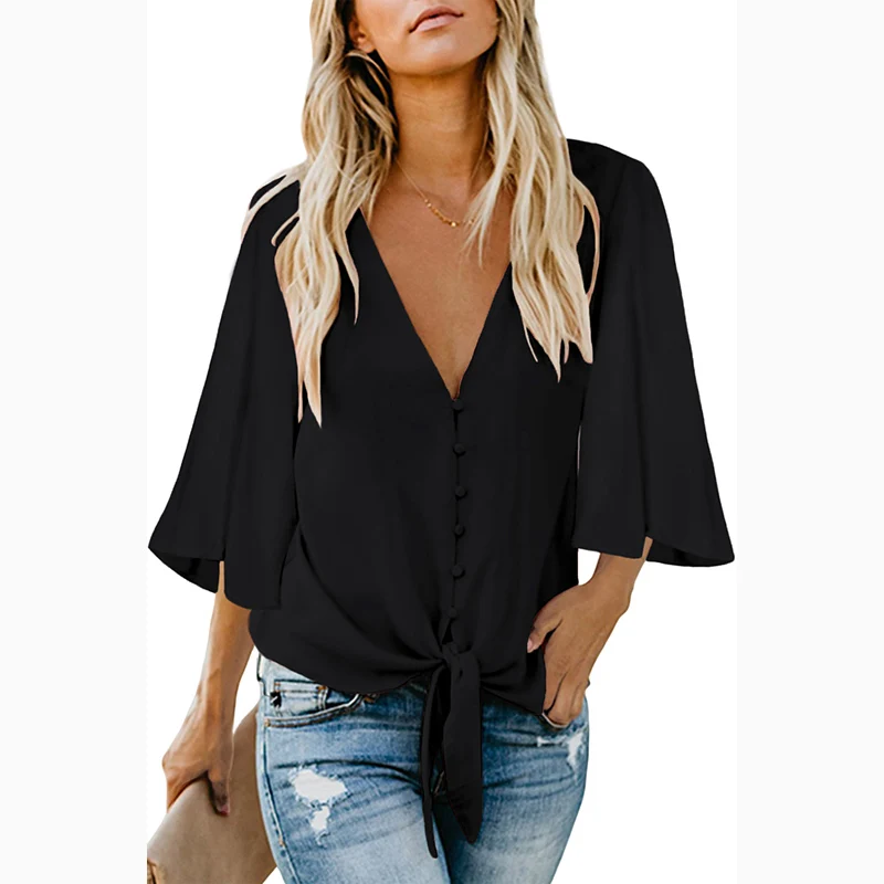 
2021 Wholesale Customized Fashionable Casual Top Button Tie Women Blouse 
