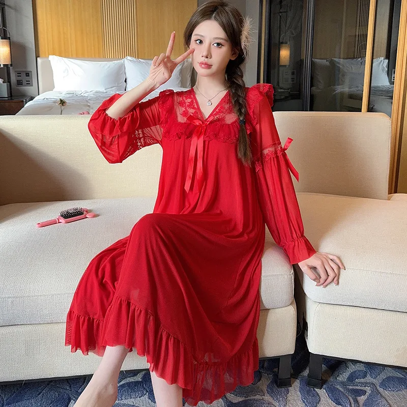 OKA Lace Embroidery V-neck Womens Sleepwear Princess Girls White Nightgowns Maxi Dress Long Sleeve Bridal Night Wear Nighties