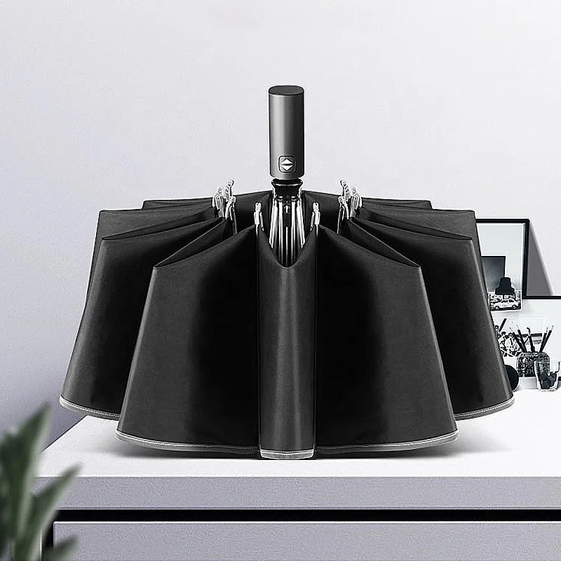 Automatic Open 3 Fold Compact windproof sun travel Reverse Inverted Folding Umbrella With Reflective Stripe