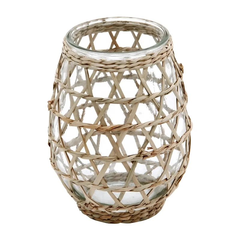 Straw decoration Glass vase Round glass Jar Floral arrangement container suitable for farmhouse wedding khaki