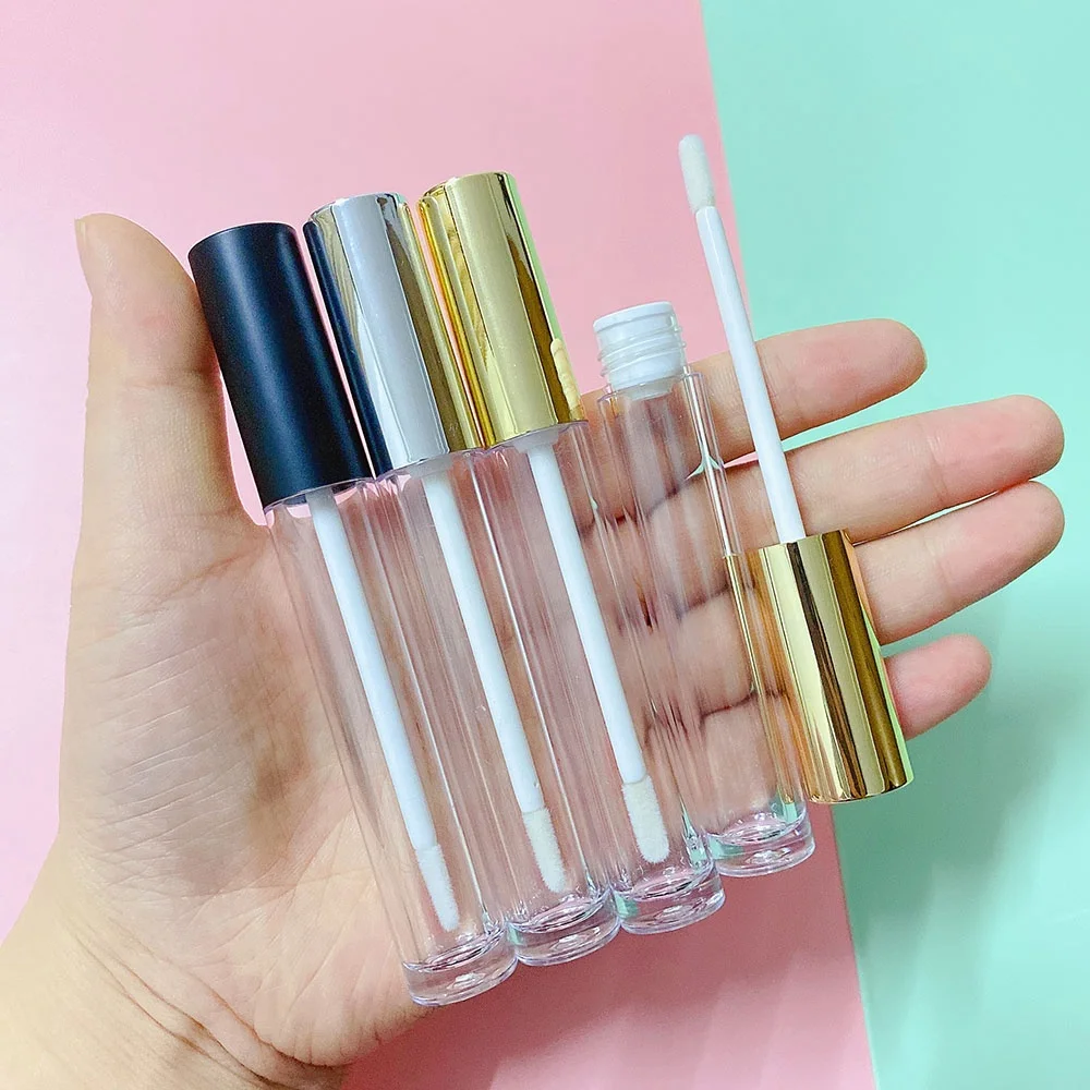 P-Lan Brand Stock 100pieces Custom Logo Round Plastic 6ml Matte Black Silver Gold Empty Lip Gloss Container Tubes With Stopper