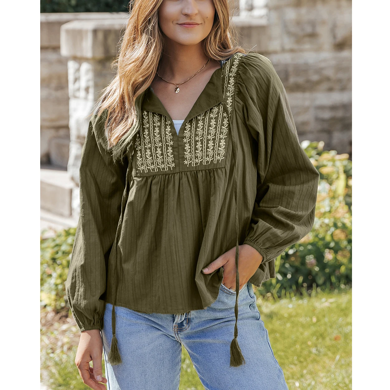 Factory Direct Sales Split Neck Designs Pleated Blouses Elegant Women Embroidered Casual Tops